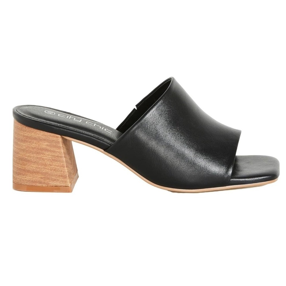 City Chic Heel Hazel Black Square Toe Block Heel Mules Sandals 12W‎ NEW